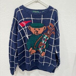 Vintage Embassy Row Sweater Mens Large Navy Blue Bear Design Knit Linen Cotton